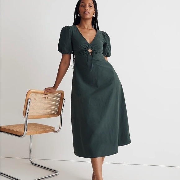 Madewell Dresses & Skirts - Madewell Poplin Cutout Puff-Sleeve Midi Dress dark palm emerald green